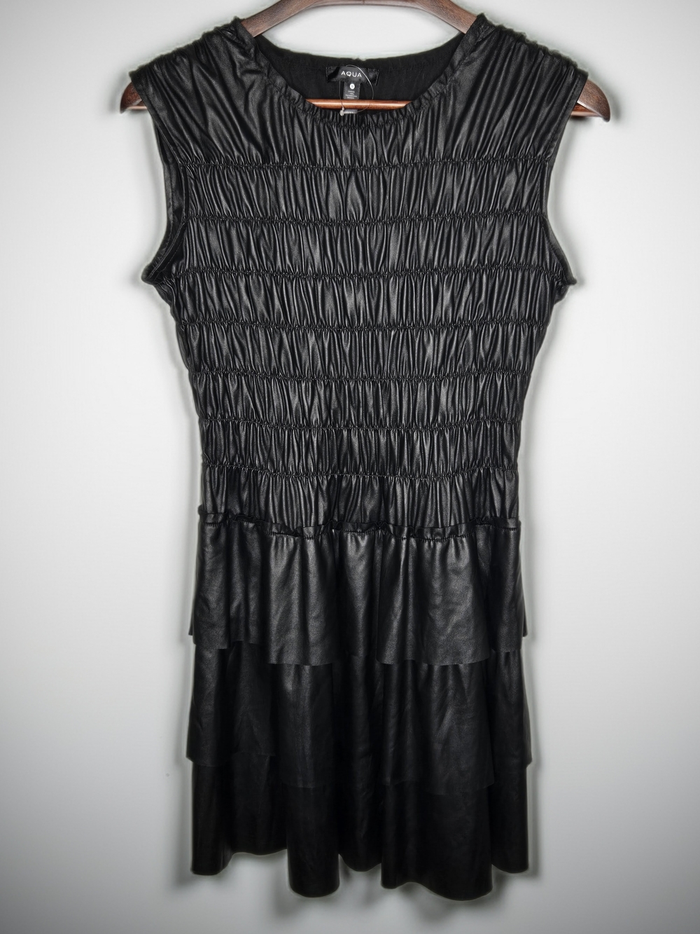 NWT Aqua Black Faux Leather Smocked Ruffle Tiered Cocktail  Sleeveless Dress S